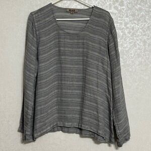 FLAX Striped Long Sleeve Scoop Neck Blouse 100% Linen Minimalist Boho Grey M